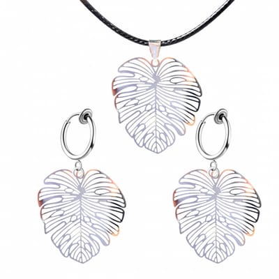 2-Delige set ketting klem oorbellen Zilverkleurige boomblad - Charme Bijoux