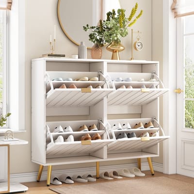 Clruro Schoenenkast 100 x 24 x 91,5 cm - 4 Kleppen met Verstelbare Vakken - Wit