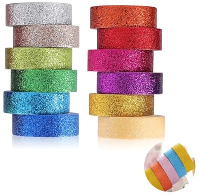 Washi tape set van 12 rollen - Glitter tape en holografische tape - Kleurrijke decoratieve tape - ShopVlot