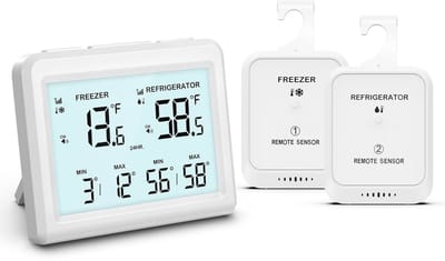 Koelkastthermometer Digitaal - Vriezerthermometer Alarmfunctie - Voedselveiligheid Bewaken - Dubbele Draadloze Sensoren - 37 inch LCD - Wit