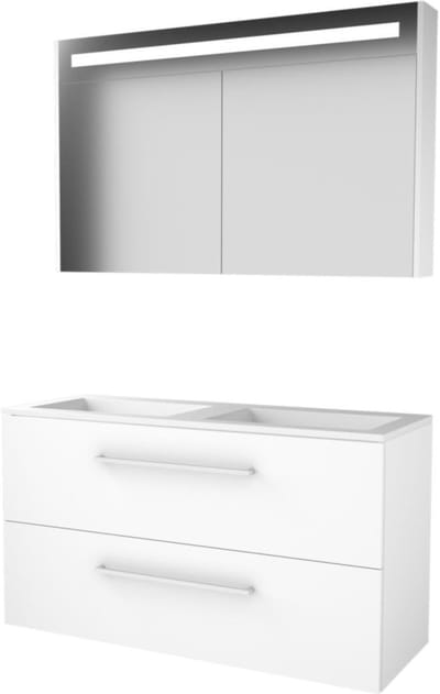 Basic-Line Premium 46 Badkamermeubelset - 120 x 46 cm - Met Grepen - 2 Lades - Acryl Wastafel - Zonder Kraangat - Spiegelkast met LED Verlichting - Ice White