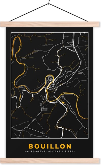 Posterhanger incl. Poster 40x60 cm - Schoolplaat - Bouillon - Black en gold - Stadskaart - Plattegrond - Kaart - Textielposter - Blanke latten - Stadskaart