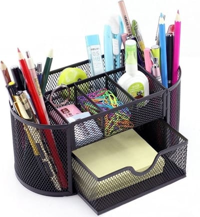 Pennenbak 8 vakken en Schuiflade -Pennenhouder - Desk - Bureau organizer - Mesh - Metaal - Pennenbakjes - Zwart