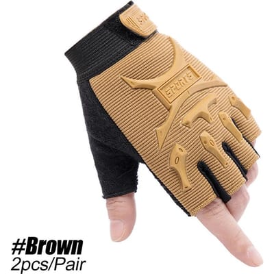 Tactische Handschoenen Zonder Vingers voor Kinderen Leger Camo Antislip Mittens Halve Vinger voor Jongens Meisjes Buitensport Fietsen M bruin