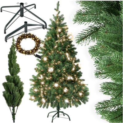tectake® Kunstkerstboom met Verlichting - Levensecht met Flexibele Takken - Inclusief Metalen Standaard en LED Kerstverlichting - Stabiel en eenvoudig te monteren - Kunst Kerstboom voor Binnen - Kerstversiering - 140 cm - 470 takken - Groen