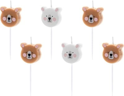 PARTYDECO - 6 Verjaardagskaarsjes kleine bruine en witte beertjes 3 cm