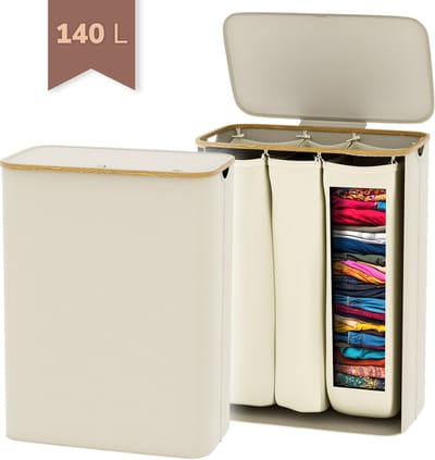 Wasmand 3 Vakken 140L met Deksel – Wassorteerder – Uitneembare Waszakken – Metalen Frame