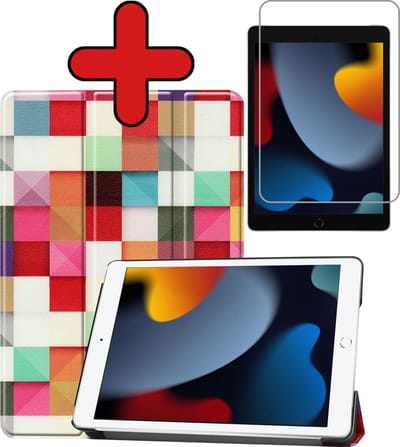 Hoesje - Geschikt voor Apple iPad 9 (2021) - 10.2 inch - 9e Generatie - Met Screenprotector - Hardcover Book Case - Trifold Bookcase Hoes - Hard Cover - Tablethoes - Blokken