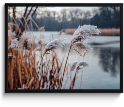 Poster in lijst - Fotolijst 70x50 cm - Posters - Riet - Gras - Natuur - Winter - Meer - Posterlijst zwart - Decoratie - Wanddecoratie woonkamer - Muurdecoratie slaapkamer