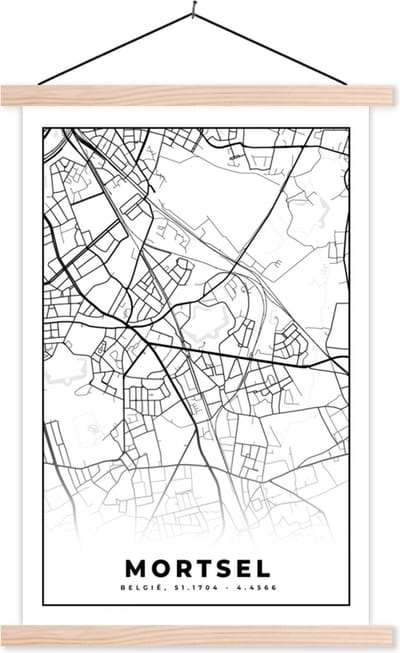 Posterhanger incl. Poster 40x60 cm - Schoolplaat - Zwart Wit – België – Plattegrond – Stadskaart – Kaart – Mortsel - Textielposter - Blanke latten - Stadskaart