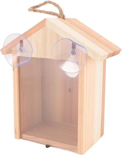 Stijlvolle Transparante Vogelhuis met Zuignap voor Tuin en Patio - Ideaal voor Vogelliefhebbers, 7.28 x 4.33 x 8.46 Inch, Geschikt voor Mezen en Vinken