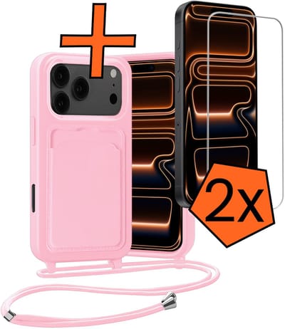 Hoesje Geschikt voor iPhone 17 Pro / 18 Pro Hoesje Met Telefoonketting Pasjeshouder Case Met 2x Screenprotector Koord - Hoesje Geschikt voor iPhone 17 Pro / 18 Pro Hoes Met Kaarthouder - Lichtroze