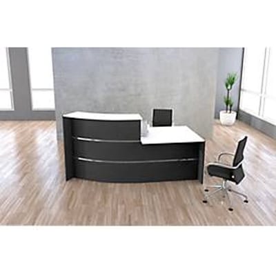 Kleine gebogen receptiebalie met Faro consultatiebalie, met legplank en zijpanelen, B 2310 x D 1200 x H 1120 mm, antraciet/antraciet