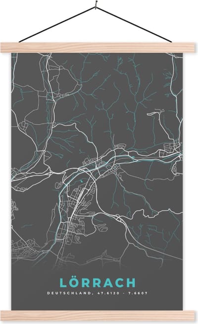 Posterhanger incl. Poster 60x90 cm - Schoolplaat - Duitsland – Blauw – Lörrach – Stadskaart – Kaart – Plattegrond - Textielposter - Blanke latten - Stadskaart