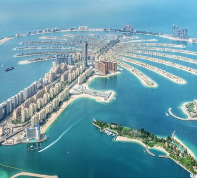 Luchtfoto van Dubai Palm Jumeirah Island in de Emiraten - Fotobehang (in banen) - 250 x 260 cm