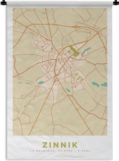 Wandkleed - Wanddoek - Kaart - Stadskaart - België - Zinnik - Plattegrond - 120x180 cm - Wandtapijt