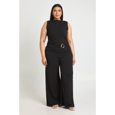 boohoo Dames Plus Jumpsuit Met Wijde Pijpen, Ceintuur En Goudkleurige Details | Zwart | Maat: 44