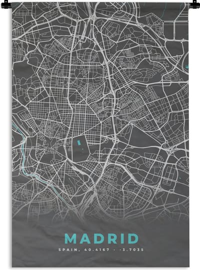 Wandkleed - Wanddoek - Madrid - Blauw - Kaart - Plattegrond - Stadskaart - 120x180 cm - Wandtapijt
