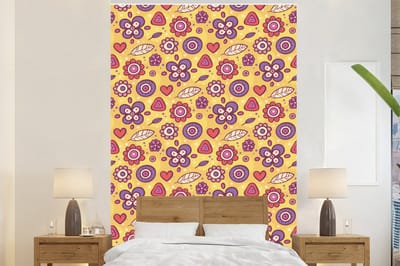 Behang - Fotobehang Patroon - Bloemen - Paars - Oranje - Breedte 225 cm x hoogte 350 cm