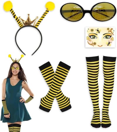 Complete Bijen Kostuum Set voor Volwassenen met Hoofdband, Bril, Handschoenen, Overknee Kousen en Tattoo voor Carnaval en Halloween Cosplay