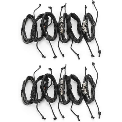 12 stuks handgeweven armbanden vintage handgeweven meerlaags splitleder polsband black
