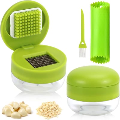 Garlic Press Set Garlic Press with Garlic Peeler Silicone and Cleaning Brush, Garlic Cutter Stainless Steel, Garlic - ShopVlot