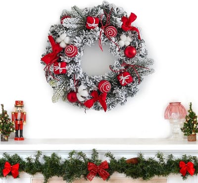 Kerstkrans met strik - Deurkrans Slinger - Huis Versieren - Realistische Elementen - 30 cm Diameter - Rood