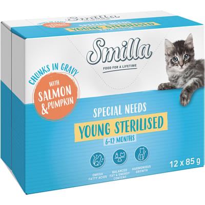 24x85g Smilla Verse Zakjes Young Sterilised Hapjes in Saus Zalm en Pompoen met Groenten