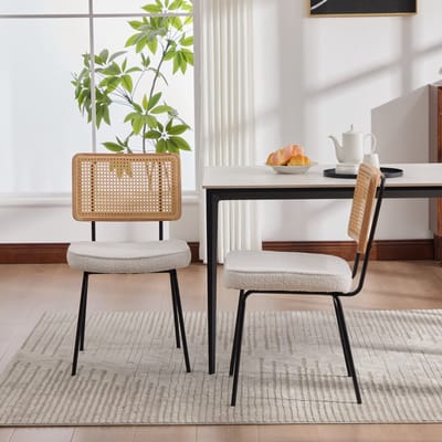 Eetkamerstoel - 2 Stuks - Moderne Chenille Eetstoel - Rattan Rug Met Houten Frame - Verstelbare Metalen Voeten - Linnen / Ivory