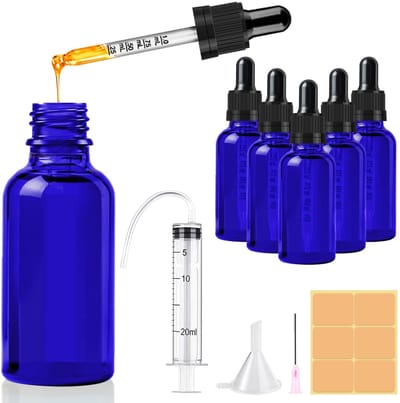 Dailygoods - 5 stuks 30 ml glazen pipetflesjes, blauwe herbruikbare glazen fles met pipetje, blauwe druppelflessen, fles apothekersfles met trechter spuit etiket voor etherische oliën aromatherapie-geuren