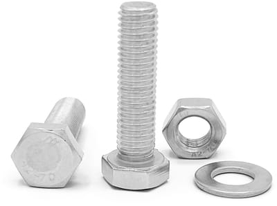 schroeven DIN 933. Roestvrijstaal AISI 304 (A2). M8 x 30 mm. Set van 100 schroeven met 100 zeskantmutsen en 100 borgschijven (300 stuks). Schroeven met draad tot aan de kop