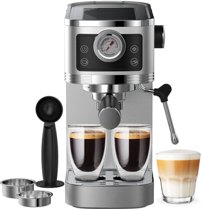 CM1662 20 bar Italiaanse pompdruk espressomachine - 1350W hoog rendement professionele koffiemachine voor thuis - 1,3L watertank - met stoompijp, manometer en instelbare uittreedhoeveelheid - RVS