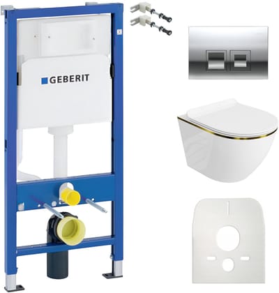 GEBERIT DUOFIX BASIC SOFI SLIM - Inbouwreservoir 50cm - Vierkante Chromen Drukplaat - Goud Lijn Toiletset - Set