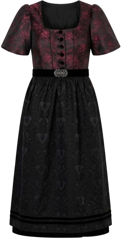 Ulla Popken - Dames - Dirndl jacquard vierkante halslijn halve pofmouwen - Donker wijnrood - Maat 42