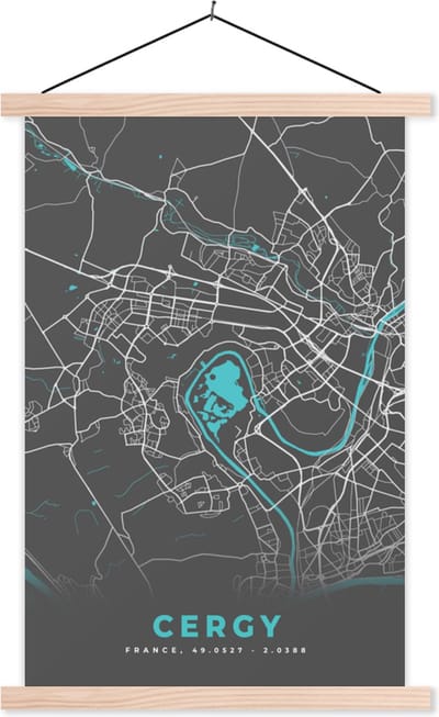 Posterhanger incl. Poster 40x60 cm - Schoolplaat - Cercy - Plattegrond - Kaart - Stadskaart - Frankrijk - Textielposter - Blanke latten - Stadskaart