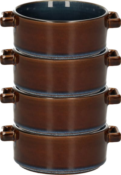 Cosy & Trendy Kommetjes/soepkommen voor dessert/ontbijt - 6x - Porselein - D13 x 5.5 cm - blauw/bruin - met oortjes - stapelbaar