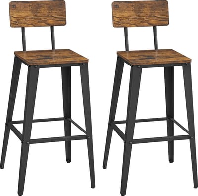VASAGLE Barkruk, set van 2, barkrukken, keukenstoelen, met rugleuning, stalen frame, eenvoudige montage, industrieel design, vintage bruin-zwart LBC078B01