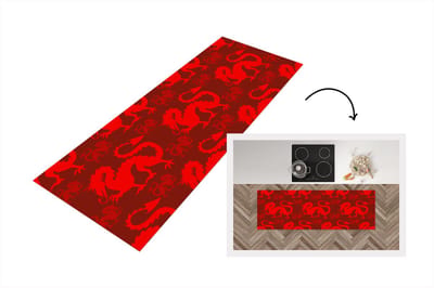 Keukenloper - Loper keuken - Draak - Rood - Patronen - 150x50 cm - Keukenloper vinyl