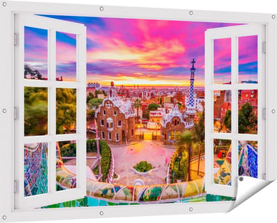 Gards Tuinposter Doorkijk Park Güell Uitzicht op Barcelona - 150x100 cm - Tuindoek - Tuindecoratie - Wanddecoratie buiten - Tuinschilderij