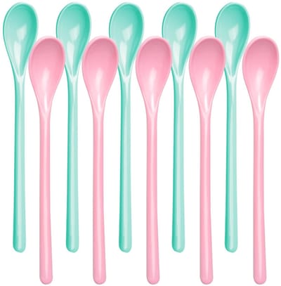 Dailygoods - 10 Stuks Lepels met Lange Handgreep, Lange Lepel Kunststof Herbruikbaar, Koffielepel Lang, Veelzijdige Eierlepel, Lange Dessertlepels Plastic, Roze en blauw, Vaatwasser Veilig