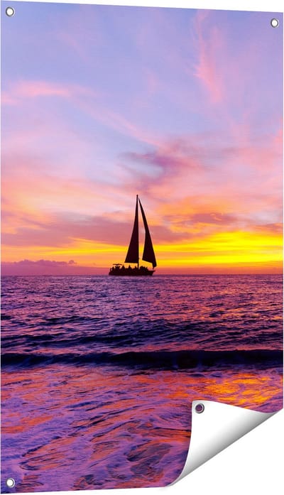 Gards Tuinposter Zeilboot Silhouet bij Zonsondergang - 60x90 cm - Tuindoek - Tuindecoratie - Wanddecoratie buiten - Tuinschilderij