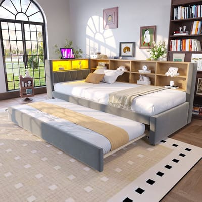 DESMIU Bedbank 90x200cm – Tweepersoons Slaapbank Met Ledverlichting En Oplaadpunten – Opbergvakken En Uitschuifbed – Donkergrijs – Zonder Matras