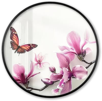 Poster in lijst Rond - Fotolijst 60x60 cm - Posters - Bloesem - Vlinder - Roze - Natuur - Wit - Ronde posterlijst zwart - Decoratie - Wanddecoratie woonkamer - Muurdecoratie slaapkamer