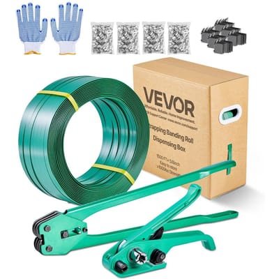 Spanbanden Kit, Heavy Duty Spanband Verzegelaar Tool met 457m PET Band, 450 Metalen Sluitingen, 150 Hoekbeschermers & Handschoenen, Plastic Pallet Verpakking