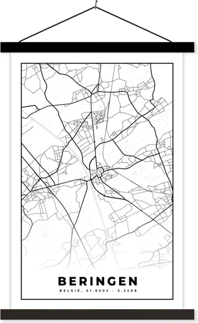 Posterhanger incl. Poster 40x60 cm - Schoolplaat - België – Beringen – Stadskaart – Kaart – Zwart Wit – Plattegrond - Textielposter - Zwarte latten - Stadskaart