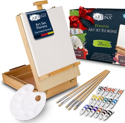 Artina Tafelezel Tekendoos 28-delig Set Schildersdoek 24x30cm - Acrylverf 18x12ml - 6x Penselen - Schildersezel Tafelmodel met Handgreep - Florenz