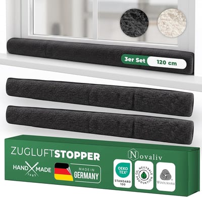 Tochtstrip voor ramen, 120 cm, antraciet, scheerwol  houdt tocht en kou tegen, dempt geluid/stof/licht, antislip, geen boren nodig; voor vensterbanken/kozijnen, dicht kieren af, binnen, set van 3