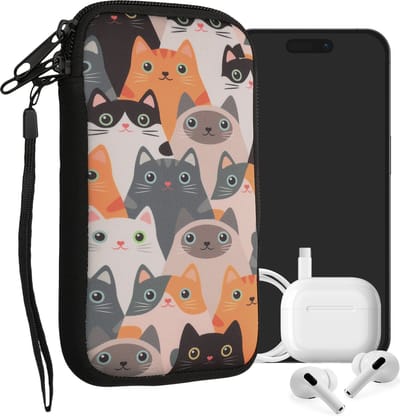 kwmobile hoesje voor smartphones L - 6,5" - hoes van Neopreen - Katten design - oranje / zwart / wit - binnenmaat 16,5 x 8,9 cm