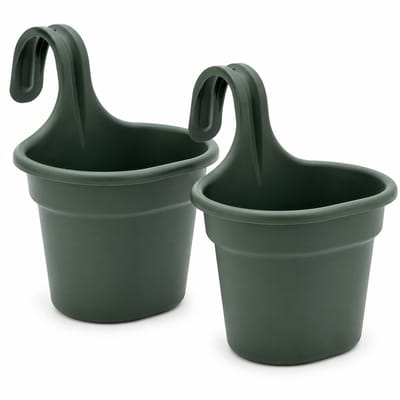 CAMELLIA Hangende Bloempot Balkon – Set van 2 – 3 Liter – Kunststof – Groen – Balkonbak voor Reling, Hek of Schutting – 28 x 20 x 24,5 cm