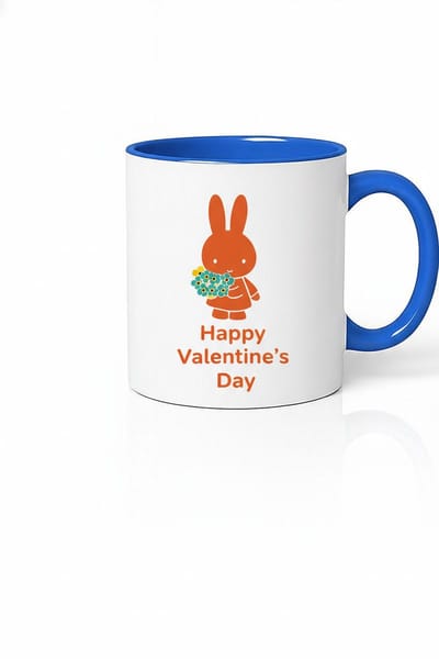 Valentijnsdag Mok 'Happy Valentine's Day' met Oranje Konijn & Bloemen - Blauw Handvat & Binnenkant